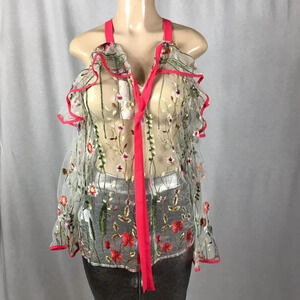Hesperus Size M Floral Stitched Ruffle Off The Shoulder Top. Flowy Sleeves. New